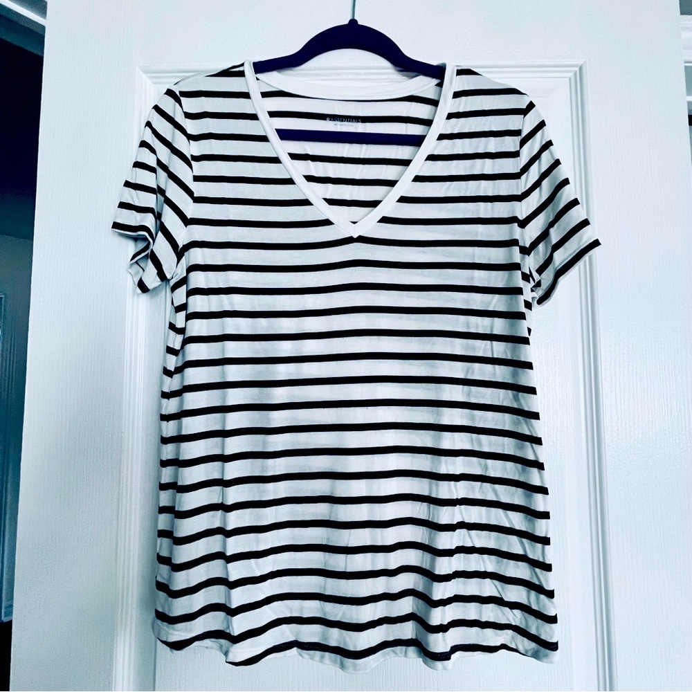 Essentials Black and White Striped V-Neck Tee